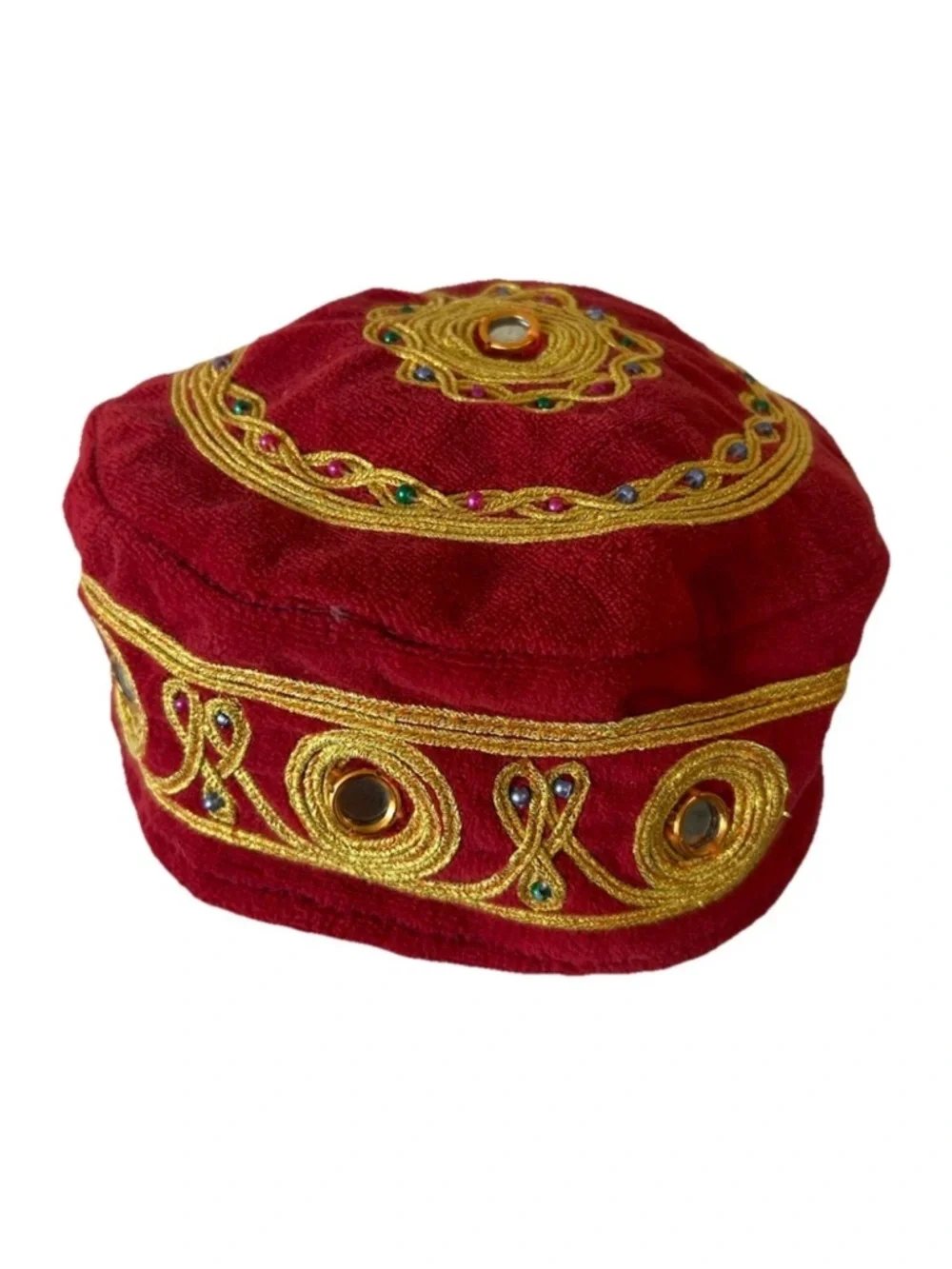 Vintage Turkish Velvet Fez Hat Gold Embroidered Jeweled Festival Cap - Picture 1 of 12